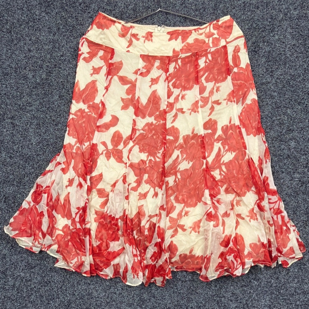 Jon Silk Skirt Women 8 Cream Red Floral Midi Flowy Coquette Cottagecore Boho